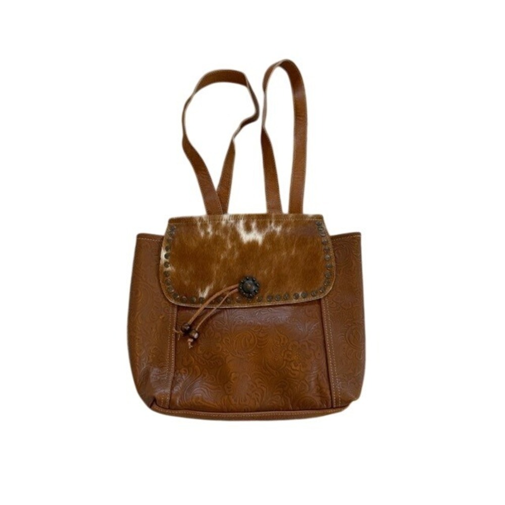 Myra Bag Brown Embossed Leather Backpack with Haircalf Flap